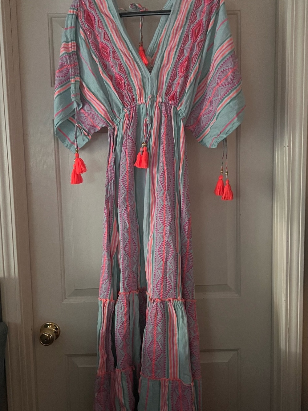 Zury NWT Boho Maxi Dress in Mint and Coral with Tassel Tie